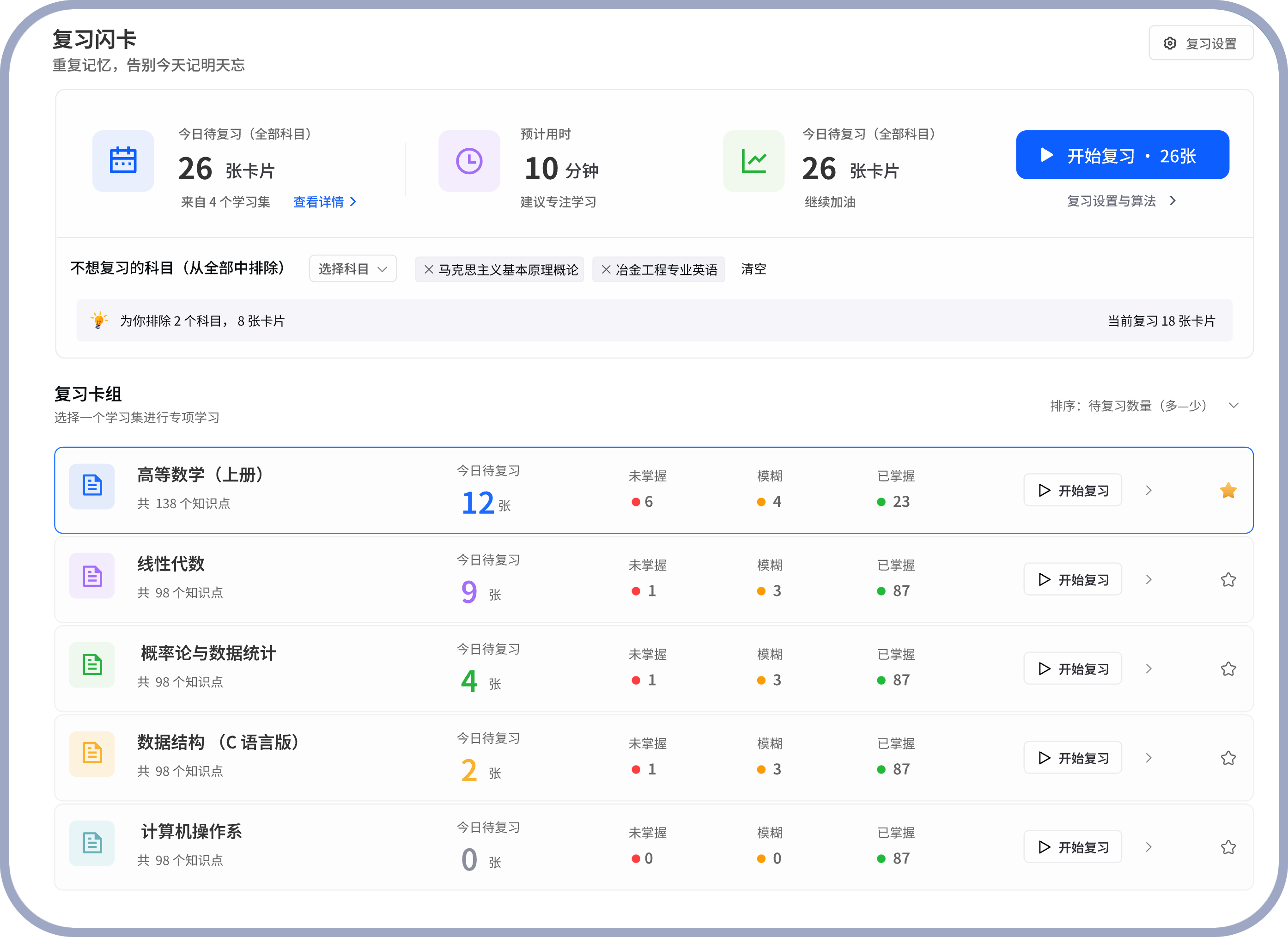 LecMind 今日复习清单和复习卡组